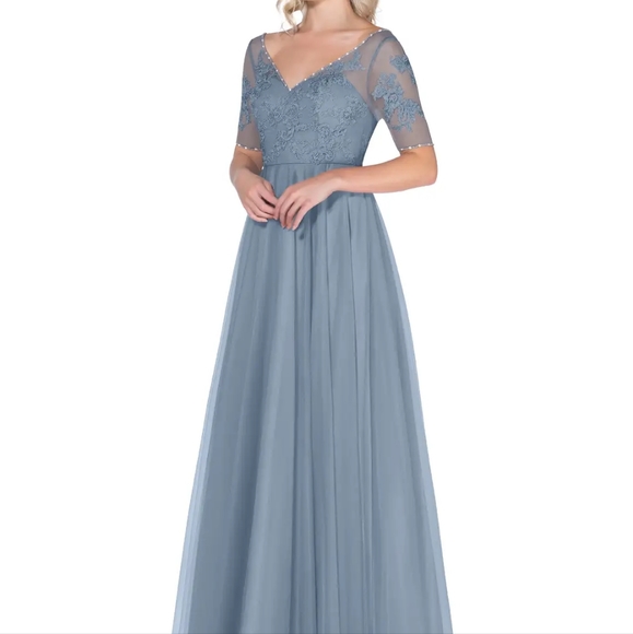 Azazie "Brenda" Long Tulle/Lace Dress in Dusty Blue Custom Sz 4/6 - Picture 13 of 16